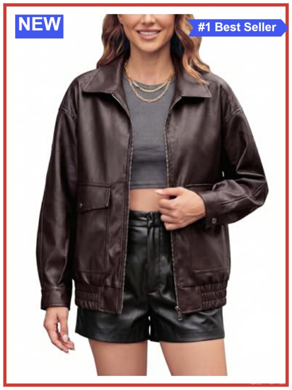 Faux Leather Oversized Moto Jacket Zip Ribbed Cuffs Fall Winter Coat
